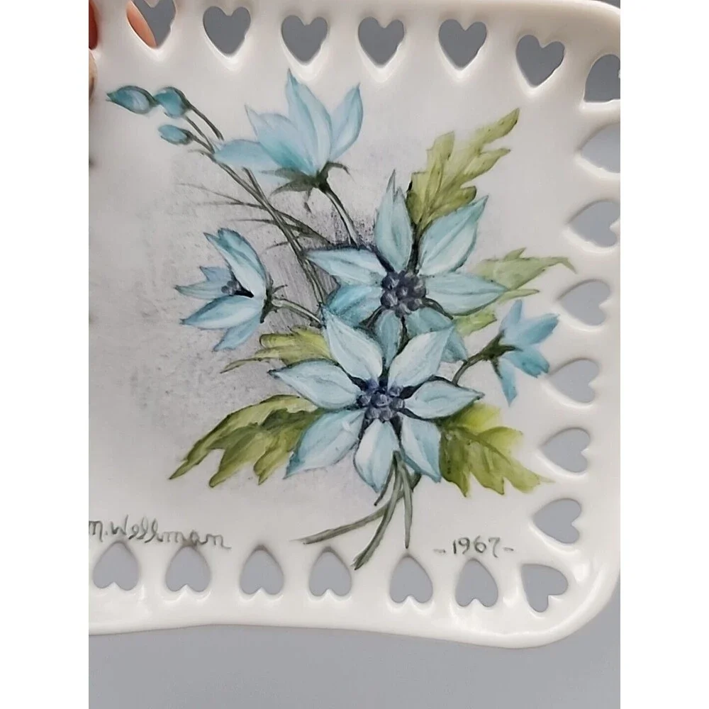 VTG Hand Painted Blue Floral Porcelain Square Dish Heart Cutouts 1967 Original